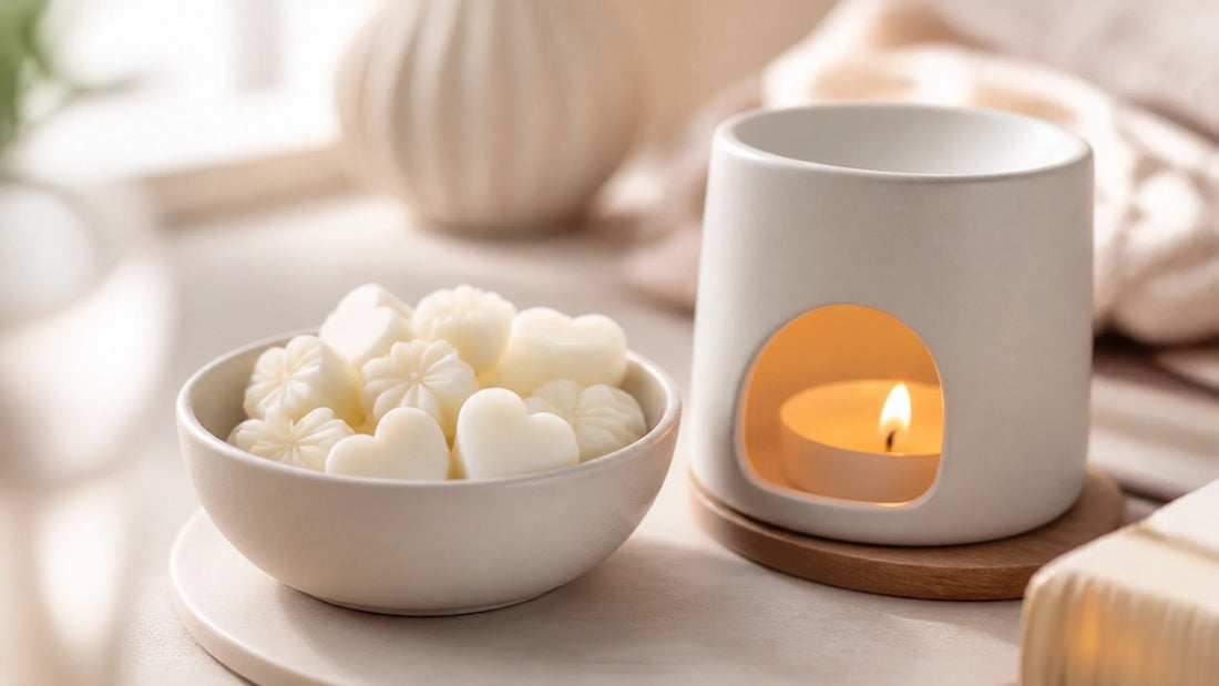 Non-toxic wax melts in a ceramic warmer with botanical-flecked pieces styled in soft natural light for a clean home fragrance