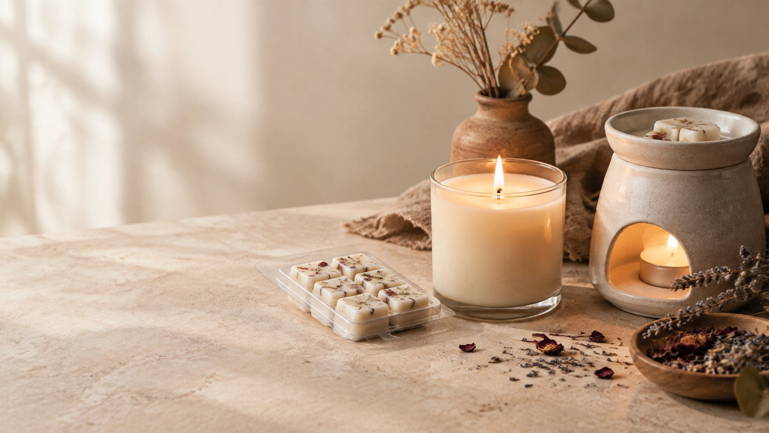 A hand-poured candle, botanical-flecked wax melts, and an electric wax warmer arranged in a warm neutral home setting